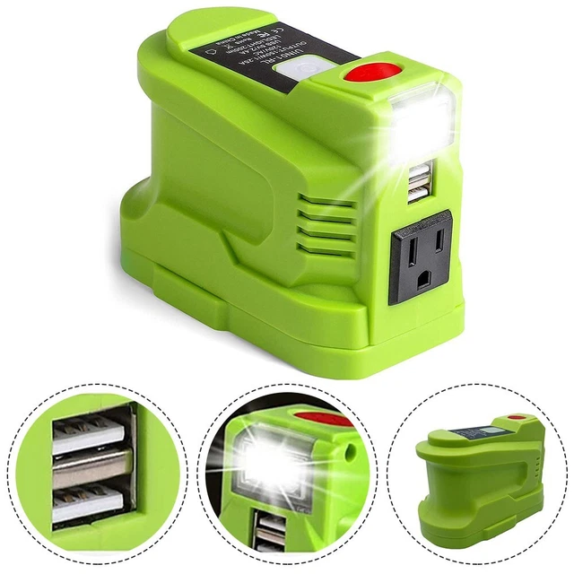 Inversor de batería verde Ryobi 18V doble cargador USB y herramienta de fuente de alimentación 150W