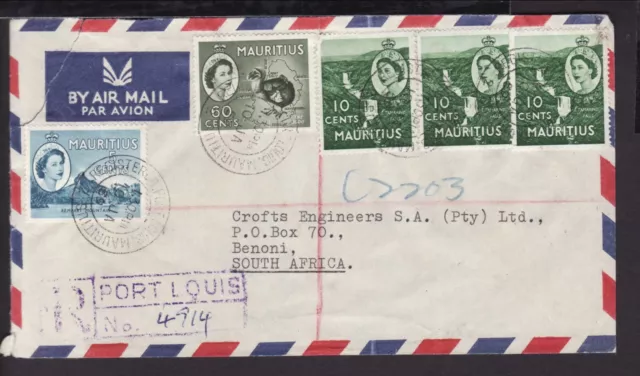 MAURITIUS 1959 PORT LOUIS REGISTERED QEII COVER 60c, 5c & 10c x3 BENONI S AFRICA
