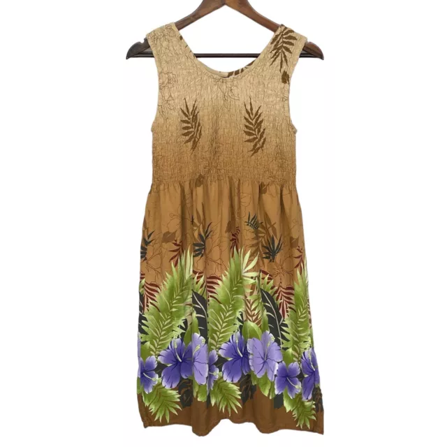 Hibiscus Collection Hawaii Dress Women One Size Brown Floral Sleeveless Smocked