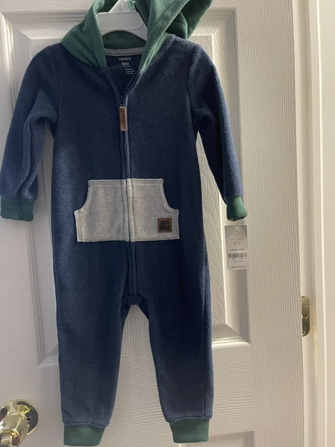 Carters Baby Boy Fleece Hooded Coverall Size 18 Months Navy Blue Green