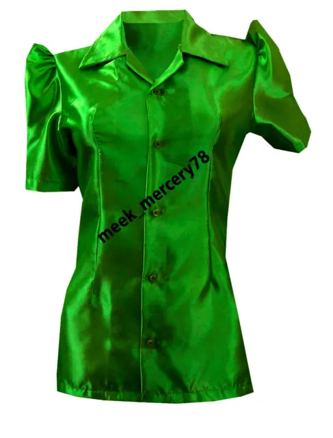 Elasticizzato Colletto Puff Camicia Maniche Raso Verde Donna Casual