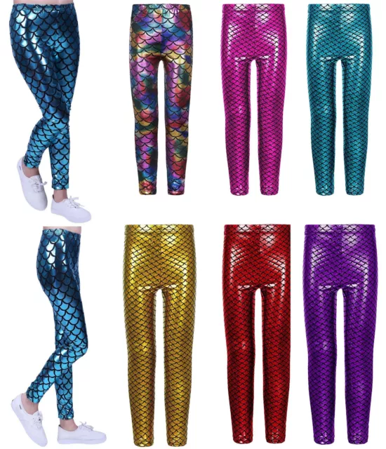 Girls Shinny Mermaid Legging Children Fish Scale Stretchy Slim Fit Legging Pants