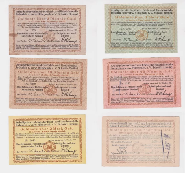 0,01, 0,1, 0,4, 1 & 2 Goldmark Banknoten Arbeitgeberverband Gmünd 1923 (127071)