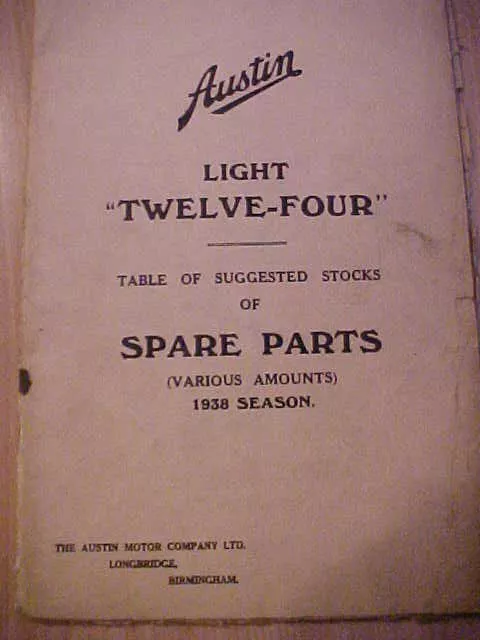 Austin Light Twelve Four Table Of Suggested Stocks Of Spare Parts 1938 Season