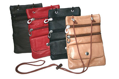 Genuine Leather Neck Travel Purse Bag Passport Zip Pockets Strap String Purse