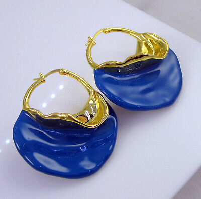Estate Huge Designer Signed CELINE PARIS Blue Enamel Phoebe Philo Swirl Earrings