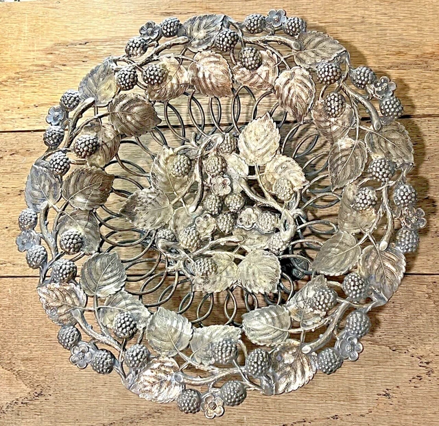 1887-1891 Antique Berndorf Alpacca Silverplate Bowl Berries Vine Leaf Footed OLD