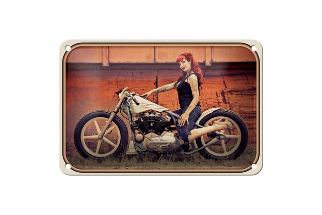 Letrero de Metal Moto 18x12 CM Motociclista Chica Mujer Pin Up Decoración Signo