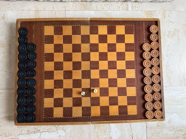 Ancienne grande boite en bois Jeu de Jacquet Backgammon ECHECS E