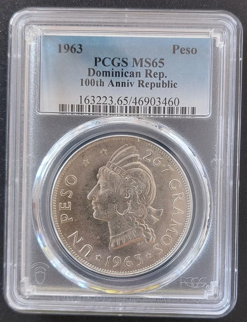 Dominican Republic Silver 1 Peso Unc Coin 1963 Year Km#30 Republic Pcgs Ms65