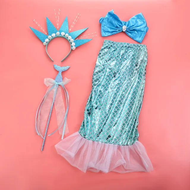Girls Child Mermaid Fish 4 Piece Skirt Bow Headband Wand Set Fancy Dress Costume