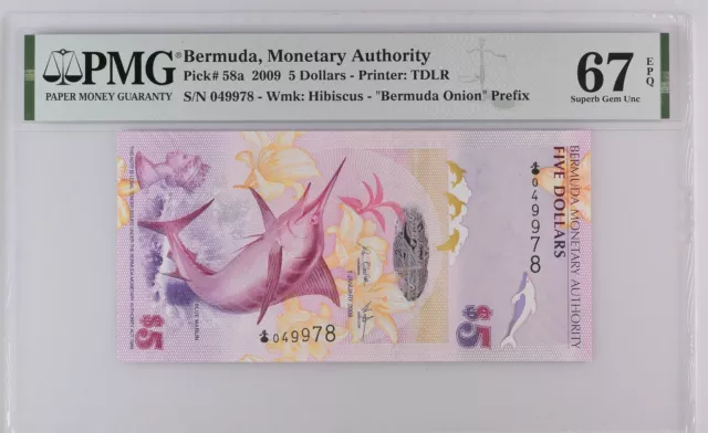 Bermuda 5 Dollars 2009 P 58a UNC PMG 67 EPQ Onion Prefix QE II 3rd Top Pop NR