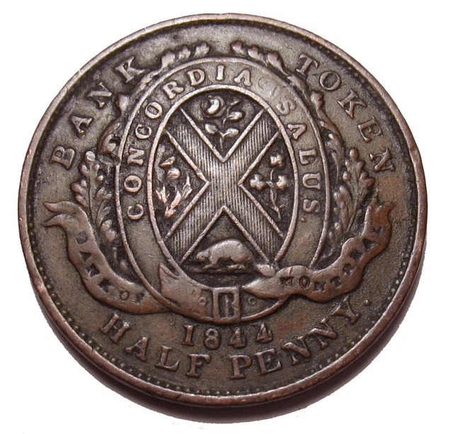 Old Canadian Coins 1844 Half Penny Montreal Bank Token
