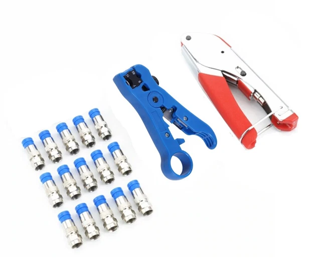 Coax Wire Cable Crimper Stripper Tool Kit + 15 Male F RG6 Compression Connectors