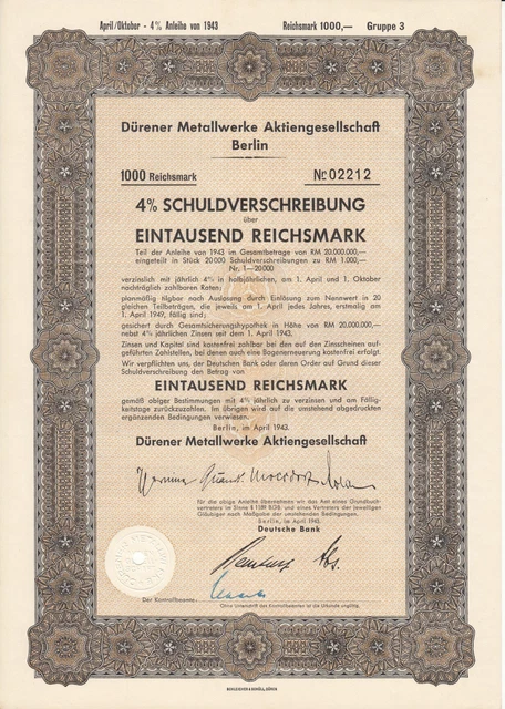 DÜRENER METALLWERKE AG Berlin SV über 1000 RM Berlin, im April 1943