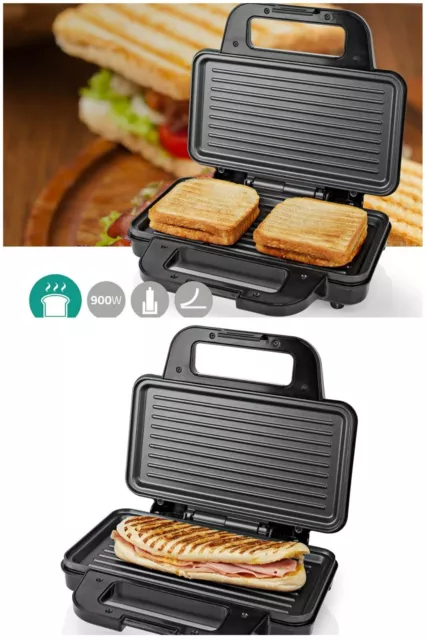 Appareil gril à sandwichs XL 900W Noir Argent plaques de gril de 26,8 x 14,5 cm