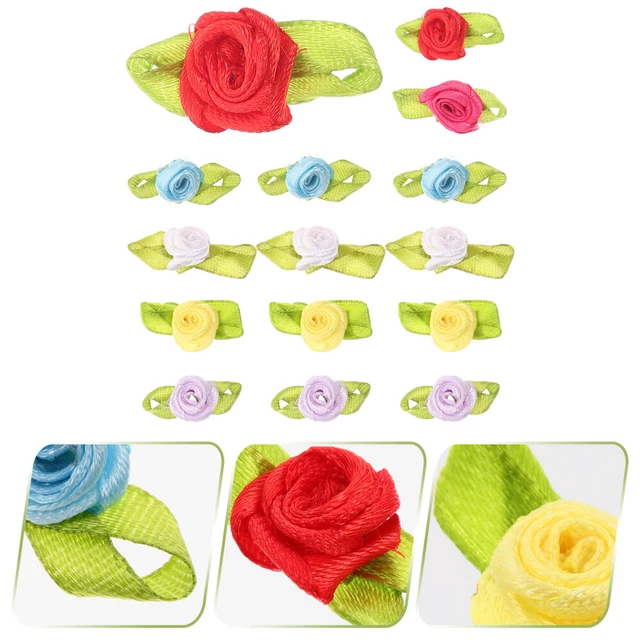 200 pièces Couture Appliques Décoration Roses ruban Fleurs Roses avec feuille