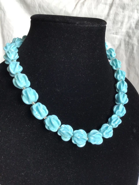 Collier Vintage Années 1950/1960 – 46 Perles Pâte De Verre Bleu Strié Gris