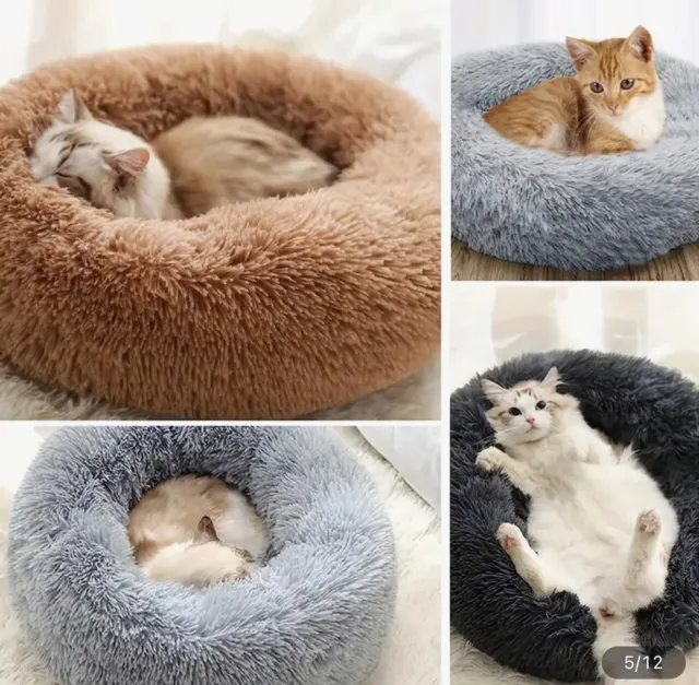 Donut Plush Pet Dog Cat Bed Fluffy Soft Warm Calming Bed Sleeping Kennel Brown