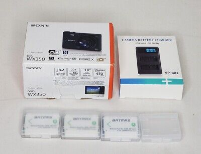Sony Cyber-shot DSC-WX350 18 MP Digital Camera, Box, Manuals-Black + 4 Batteries