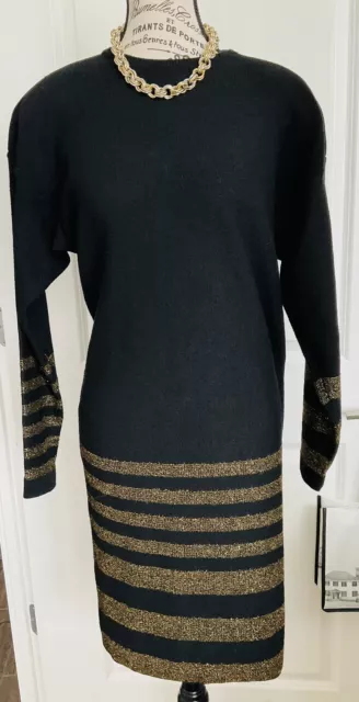 Steve Fabrikant Black  W/Gold Accent Wool Blend Knit Sweater Dress L Petite USA