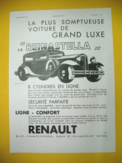 Publicite De Presse Renault Automobile Reinastella Grand Luxe Somptueuse 1931