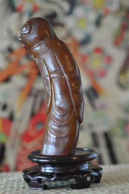 Old Chinese Wisemen Carved Yak Horn Figurine… on a carved rosewood base... 2