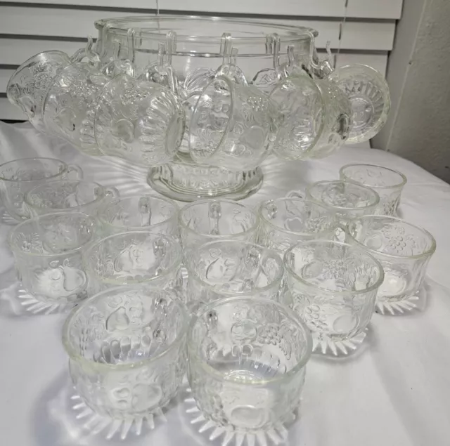 1960s-style 21 PC Vintage Anchor Hocking Glass Clear Punch Bowl Set, 20 Glasses.