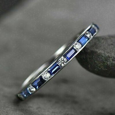 1Ct Baguette Cut Blue Sapphire Eternity Engagement Band Ring 14k White Gold Over