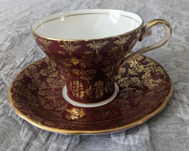 Aynsley Tea Cup And Saucer Ruby Red Gold Leaves 2457