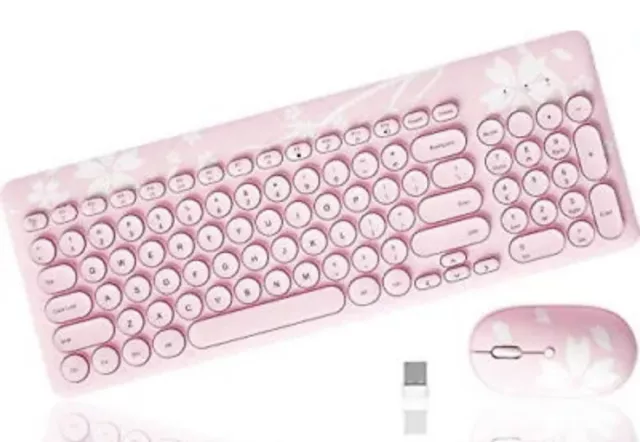 Mytrix Cute Sakura Pink Wireless Keyboard Mouse Combo, Retro Type-Writer Keys...