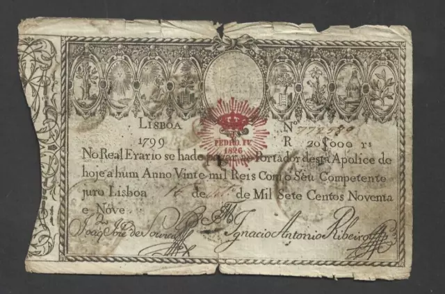 20 000 Reis  Vg Overstamped Banknote From  Portugal 1826  Pick-31   Rare