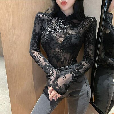 Chinese Style Women Mesh See Through Lace Blouses Shirts Tees Female  Vintage