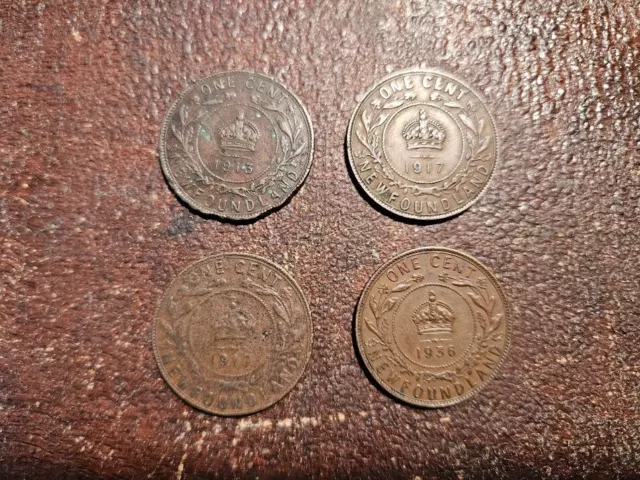 4 New Foundland Large Cents 1-1913 2- 1917 C 1-1936