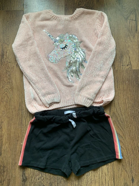 Pantaloncini arcobaleno e maglione unicorno rosa pacchetto 2 articoli per ragazze età 9-10