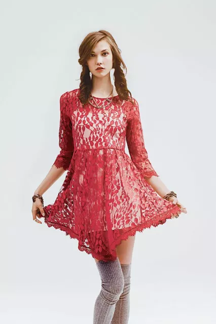 Free People Floral Mesh Lace Dress Hot Red Size 0 sheer