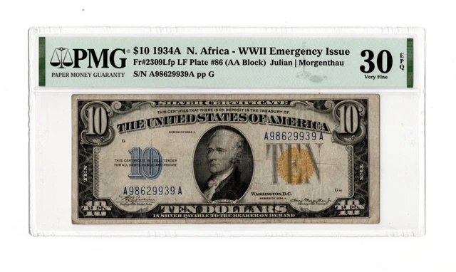 1934A $10 North Africa WWII Emergency Issue Fr. 2309Lfp LF Plate #86 PMG 30 EPQ