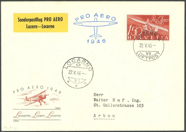 LUFTPOST 22.5.1946, LUZERN-LOCARNO, Prachtbrief