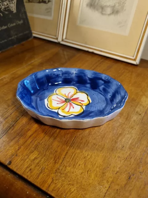 Lovely Little Dark Blue Decorative Pottery Pin Dish Yellow Flower Centre Motif