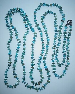 Gorgeous Long Trade Hand Knot Turquoise Nugget Sterling Silver Necklace 54"