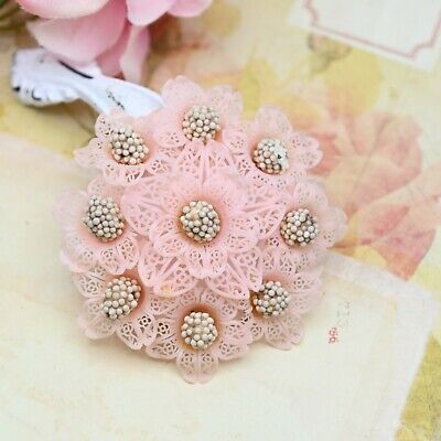 Vintage Early Plastic Pink Lacy Flower 3" Domed Gold Tone Pin Brooch