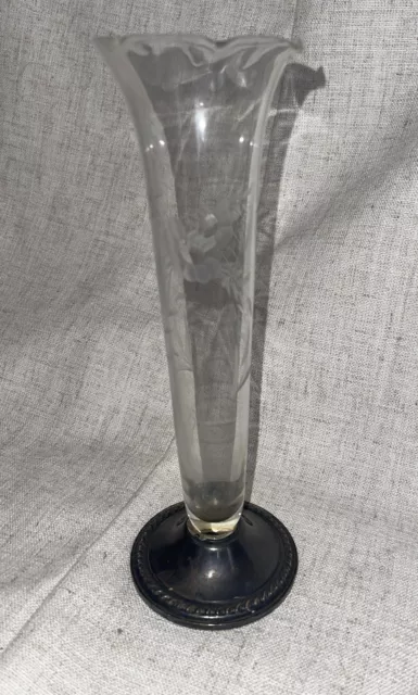 Vintage Clear Glass Etched Bud Vase With Sterling silver base