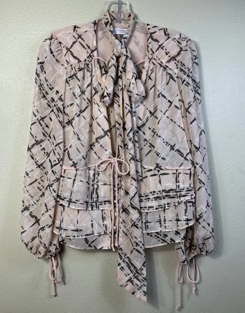 Chelsea28 x Olivia Palermo Women's Size Medium Tie Neck Sheer Blouse Pink Brown 3