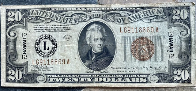 1934-A  $20 HAWAII Overprint ~ Emergency Issue FEDERAL RESERVE NOTE ~$20 Note