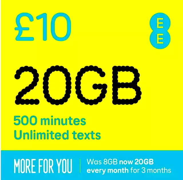 EE Sim Card Pay As You Go £10 Pack 20GB Data Unlimited SMS Mini Micro &Nano PAYG