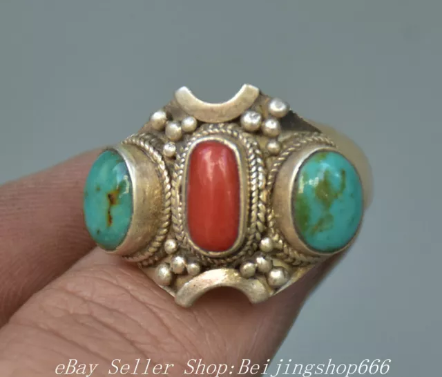 1" Collect Old Chinese Silver Turquoise Gem Jewelry Round Ring Statue