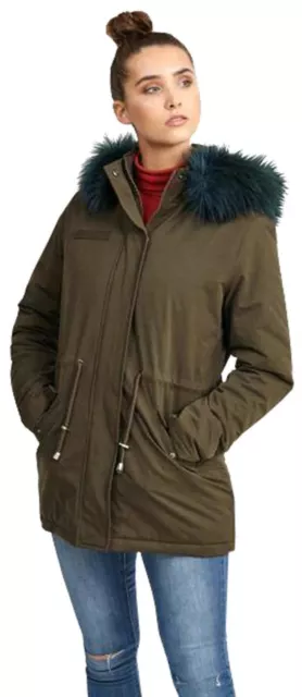 Nouveau manteau veste parka à capuche femme doublure matelassée diamant contraste fourrure sarcelle