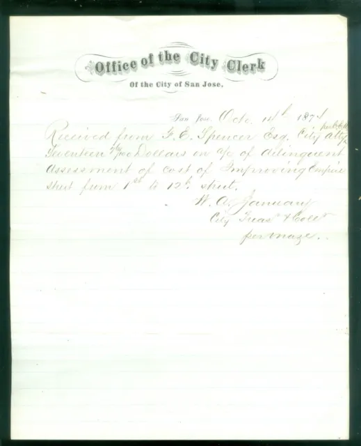 1874 Letterhead City Of San Jose Office Of City Clerk