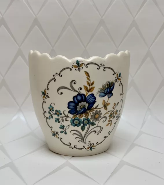 Purbeck Ceramics, Swanage - Vintage Small White Vase/Planter With Blue Flowers 