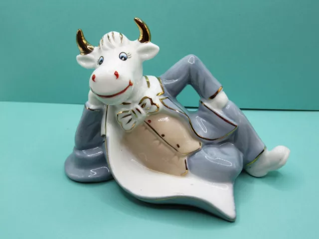 Adorable Vintage Porcelain Bull Figurine in a Gray Suit Bowtie Vest Gold Paint